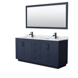 Wyndham Collection - Miranda 72 Inch Double Bathroom Vanity in Dark Blue, White Carrara Marble Countertop, Undermount Square Sinks, Matte Black Trim, 70 Inch Mirror
