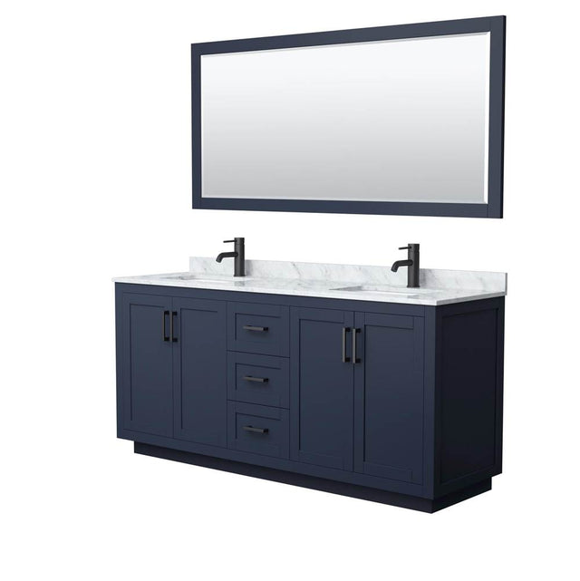 Wyndham Collection - Miranda 72 Inch Double Bathroom Vanity in Dark Blue, White Carrara Marble Countertop, Undermount Square Sinks, Matte Black Trim, 70 Inch Mirror