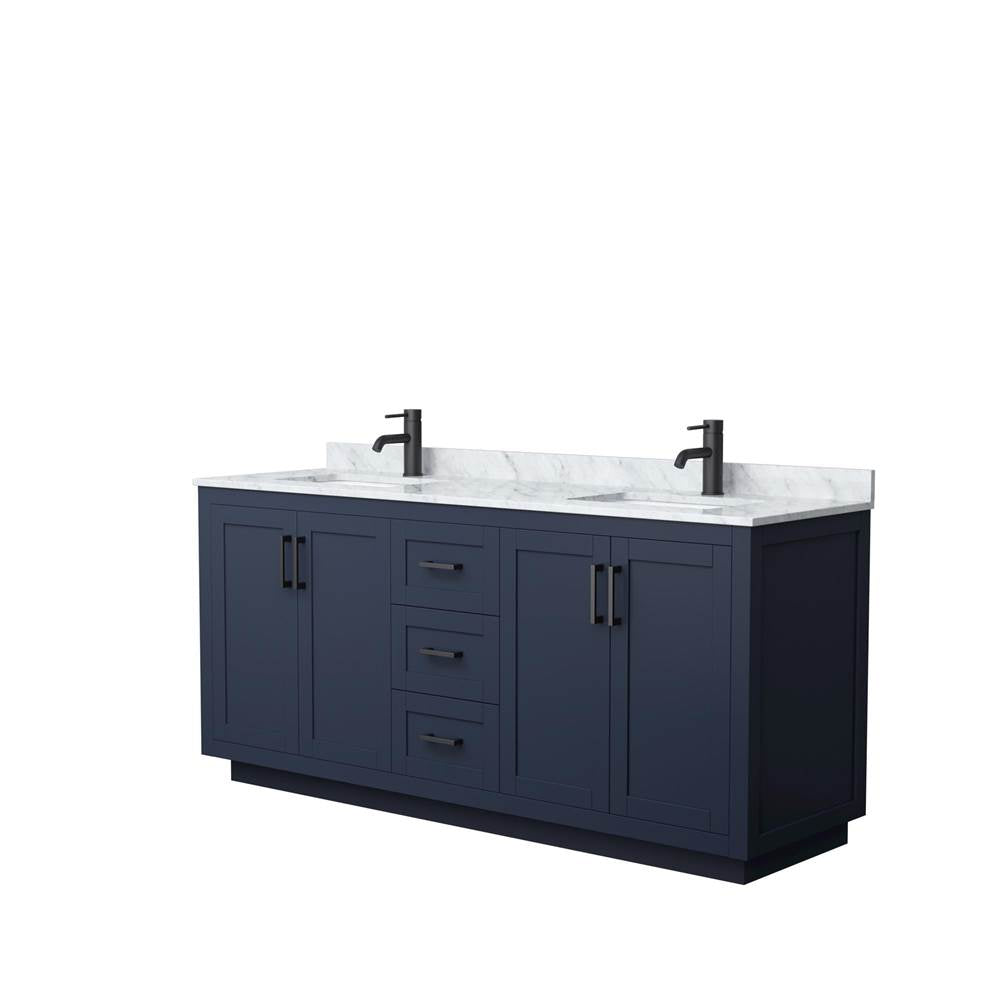 Wyndham Collection - Miranda 72 Inch Double Bathroom Vanity in Dark Blue, White Carrara Marble Countertop, Undermount Square Sinks, Matte Black Trim