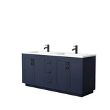 Wyndham Collection - Miranda 72 Inch Double Bathroom Vanity in Dark Blue, 1.25 Inch Thick Matte White Solid Surface Countertop, Integrated Sinks, Matte Black Trim