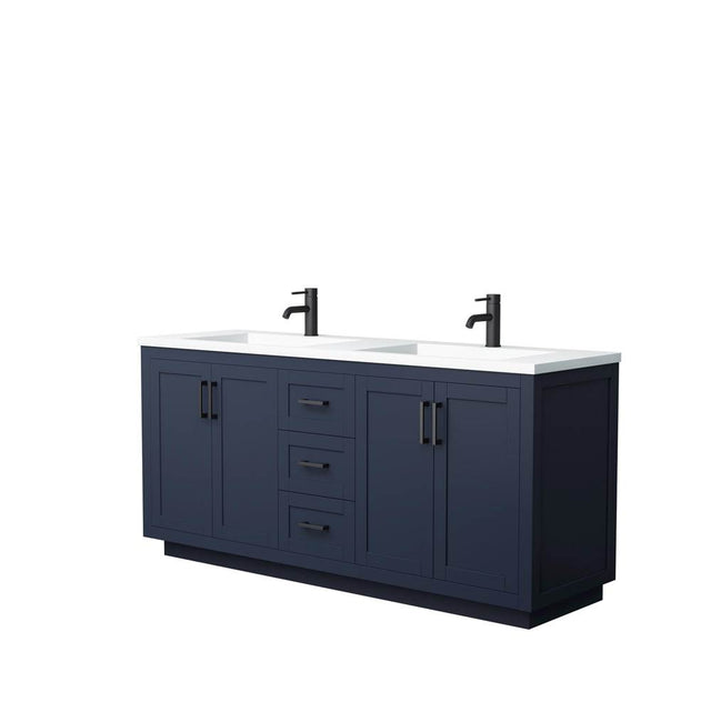 Wyndham Collection - Miranda 72 Inch Double Bathroom Vanity in Dark Blue, 1.25 Inch Thick Matte White Solid Surface Countertop, Integrated Sinks, Matte Black Trim