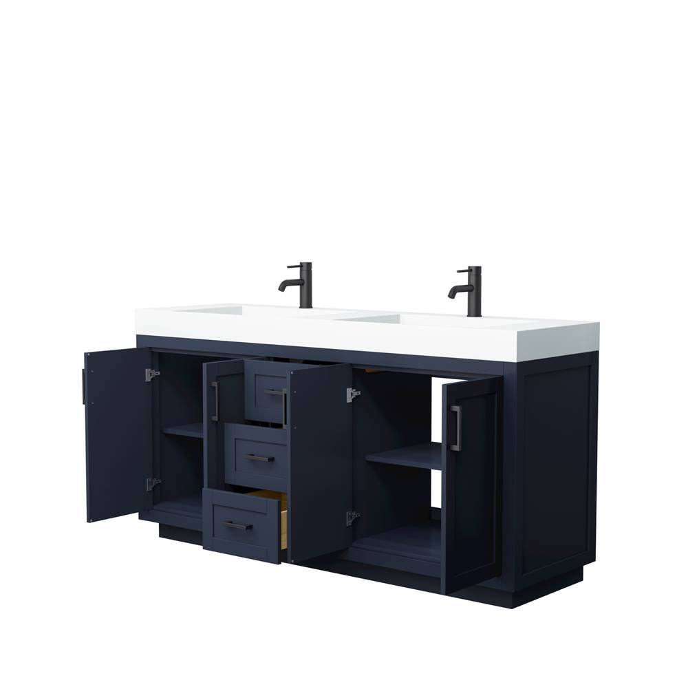 Miranda 72 Inch Double Bathroom Vanity in Dark Blue, 4 Inch Thick Matte White Solid Surface Countertop, Integrated Sinks, Matte Black Trim