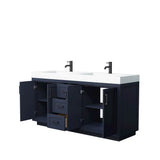 Miranda 72 Inch Double Bathroom Vanity in Dark Blue, 4 Inch Thick Matte White Solid Surface Countertop, Integrated Sinks, Matte Black Trim