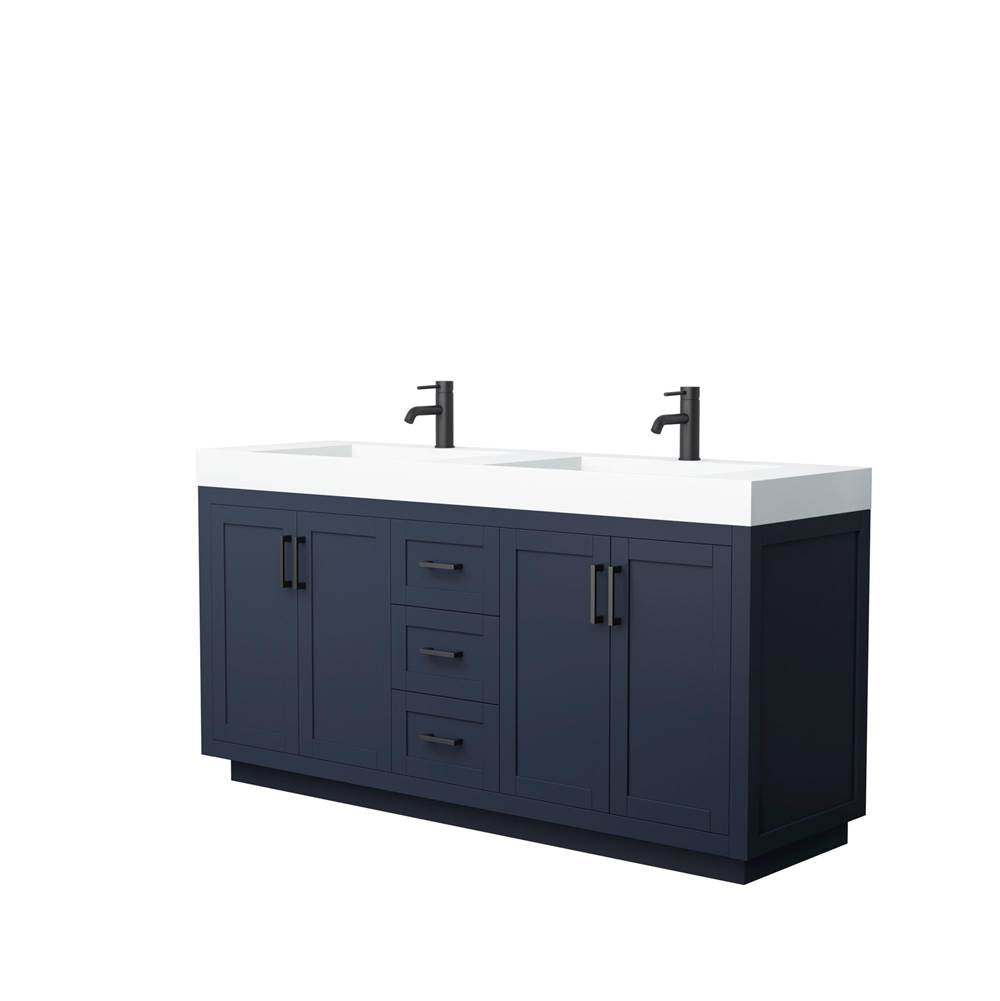 Wyndham Collection - Miranda 72 Inch Double Bathroom Vanity in Dark Blue, 4 Inch Thick Matte White Solid Surface Countertop, Integrated Sinks, Matte Black Trim