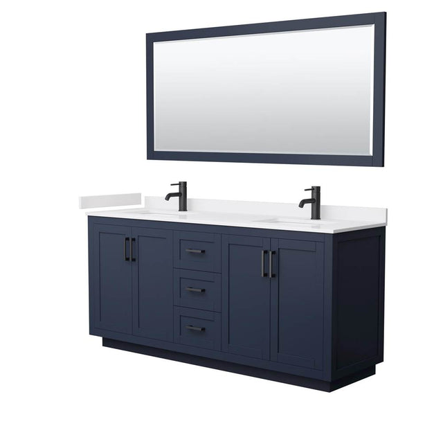 Wyndham Collection - Miranda 72 Inch Double Bathroom Vanity in Dark Blue, White Cultured Marble Countertop, Undermount Square Sinks, Matte Black Trim, 70 Inch Mirror
