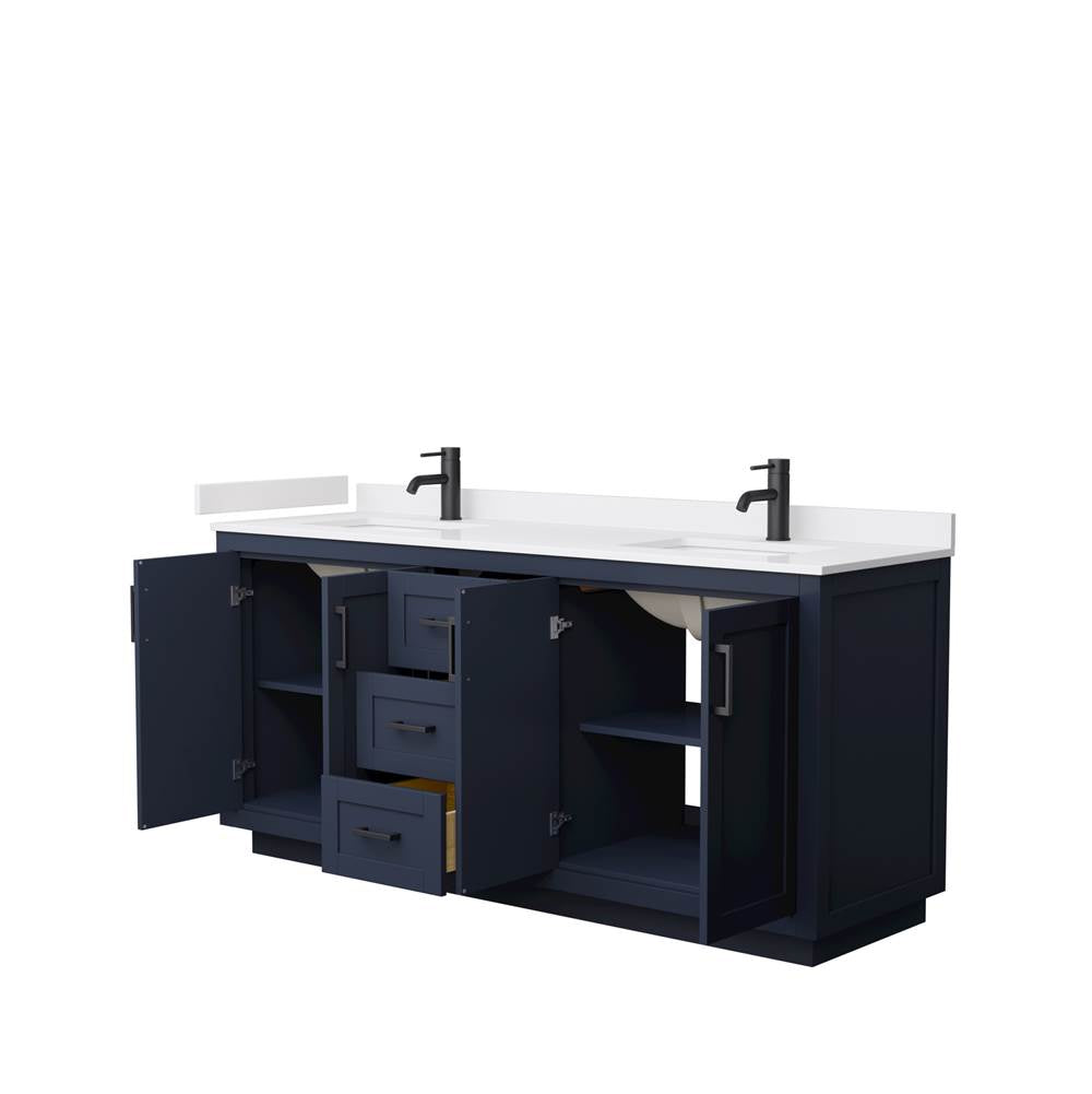 Miranda 72 Inch Double Bathroom Vanity in Dark Blue, White Cultured Marble Countertop, Undermount Square Sinks, Matte Black Trim