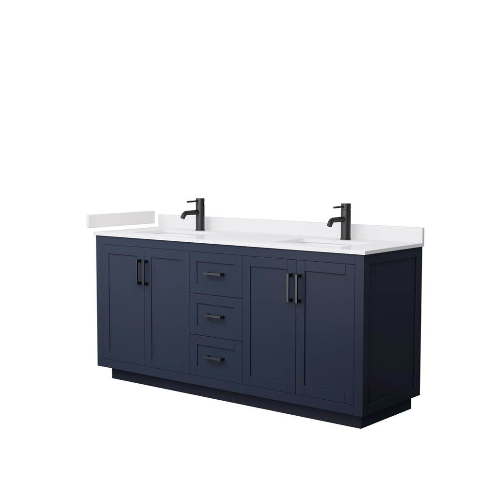 Wyndham Collection - Miranda 72 Inch Double Bathroom Vanity in Dark Blue, White Cultured Marble Countertop, Undermount Square Sinks, Matte Black Trim