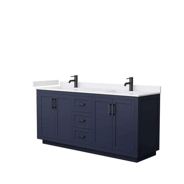 Wyndham Collection - Miranda 72 Inch Double Bathroom Vanity in Dark Blue, White Cultured Marble Countertop, Undermount Square Sinks, Matte Black Trim