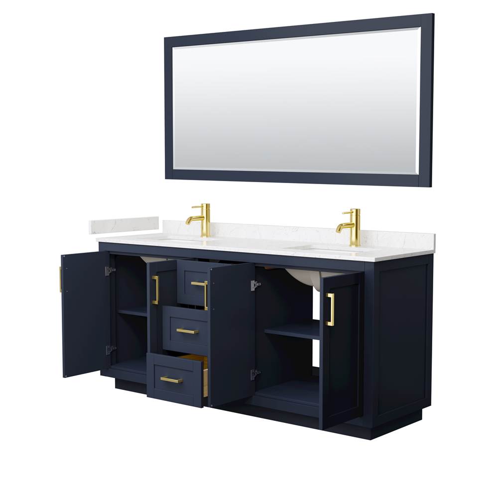 Miranda 72 Inch Double Bathroom Vanity in Dark Blue, Carrara Cultured Marble Countertop, Undermount Square Sinks, Brushed Gold Trim, 70 Inch Mirror