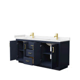 Miranda 72 Inch Double Bathroom Vanity in Dark Blue, Carrara Cultured Marble Countertop, Undermount Square Sinks, Brushed Gold Trim