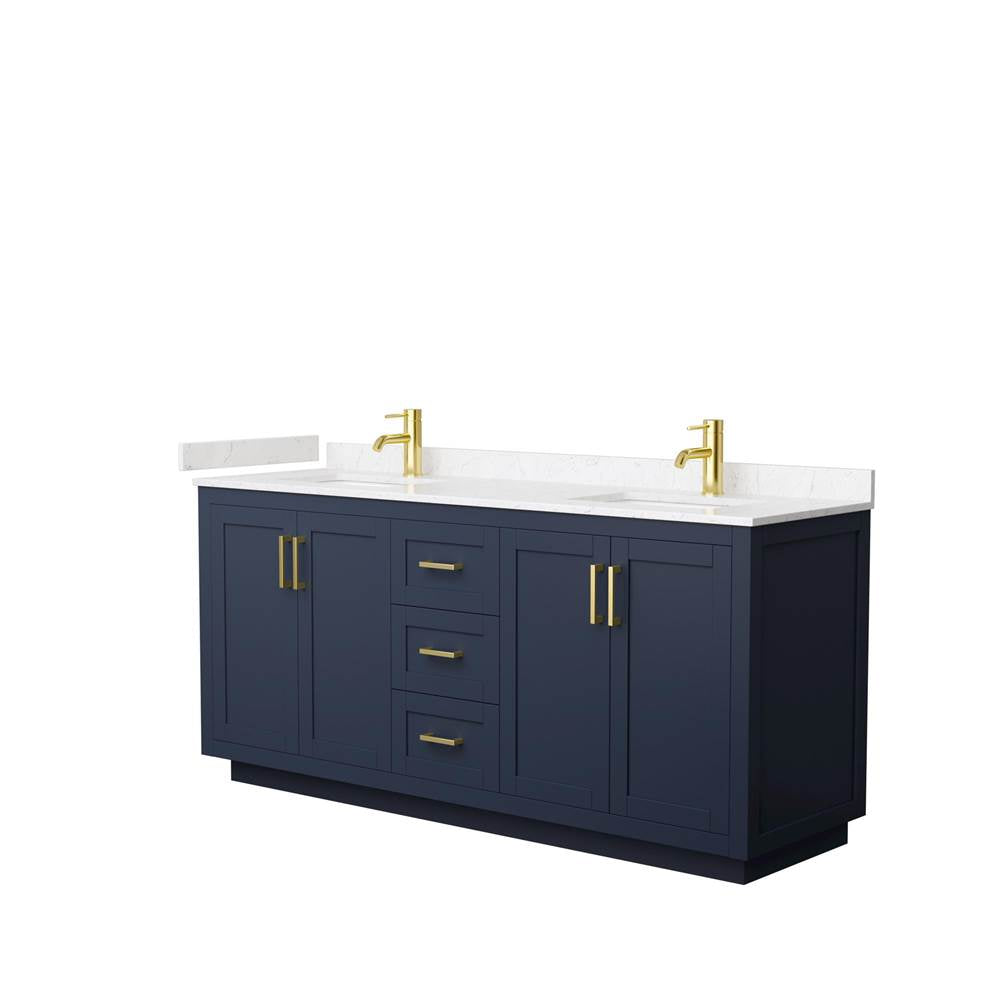 Wyndham Collection - Miranda 72 Inch Double Bathroom Vanity in Dark Blue, Carrara Cultured Marble Countertop, Undermount Square Sinks, Brushed Gold Trim