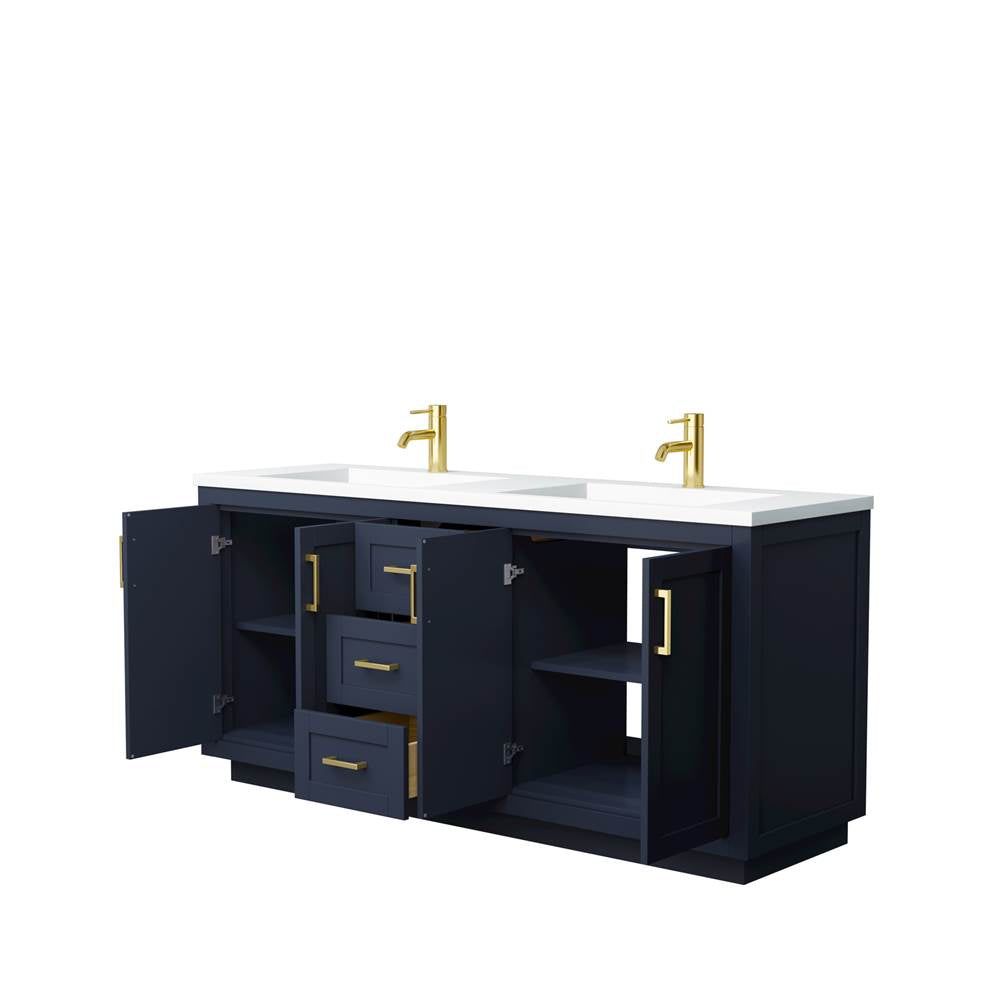 Miranda 72 Inch Double Bathroom Vanity in Dark Blue, 1.25 Inch Thick Matte White Solid Surface Countertop, Integrated Sinks, Brushed Gold Trim