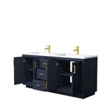 Miranda 72 Inch Double Bathroom Vanity in Dark Blue, 1.25 Inch Thick Matte White Solid Surface Countertop, Integrated Sinks, Brushed Gold Trim