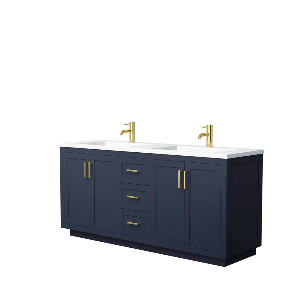 Wyndham Collection - Miranda 72 Inch Double Bathroom Vanity in Dark Blue, 1.25 Inch Thick Matte White Solid Surface Countertop, Integrated Sinks, Brushed Gold Trim