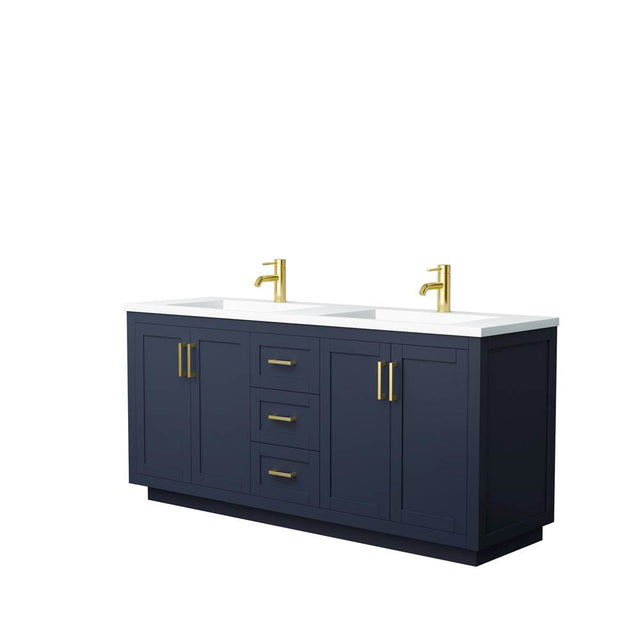 Wyndham Collection - Miranda 72 Inch Double Bathroom Vanity in Dark Blue, 1.25 Inch Thick Matte White Solid Surface Countertop, Integrated Sinks, Brushed Gold Trim