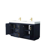 Miranda 72 Inch Double Bathroom Vanity in Dark Blue, 4 Inch Thick Matte White Solid Surface Countertop, Integrated Sinks, Brushed Gold Trim