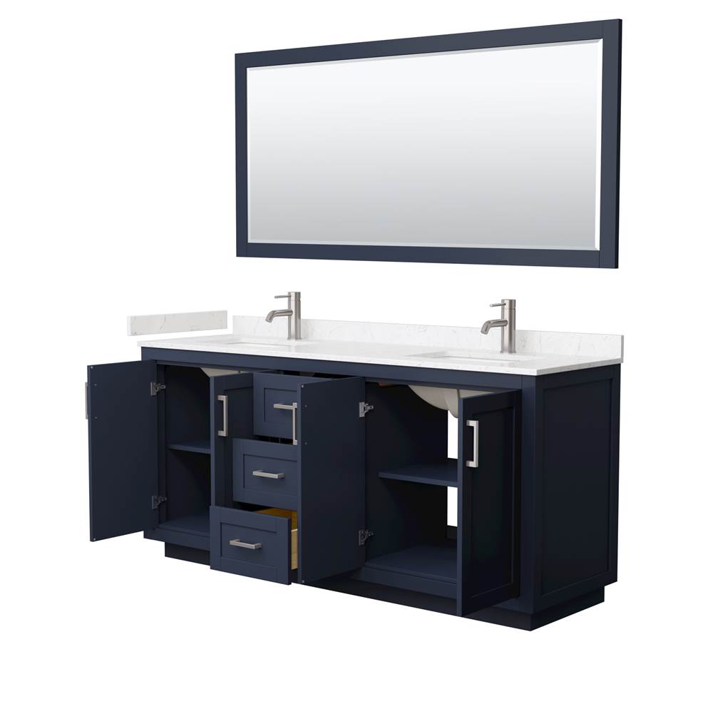 Miranda 72 Inch Double Bathroom Vanity in Dark Blue, Carrara Cultured Marble Countertop, Undermount Square Sinks, Brushed Nickel Trim, 70 Inch Mirror