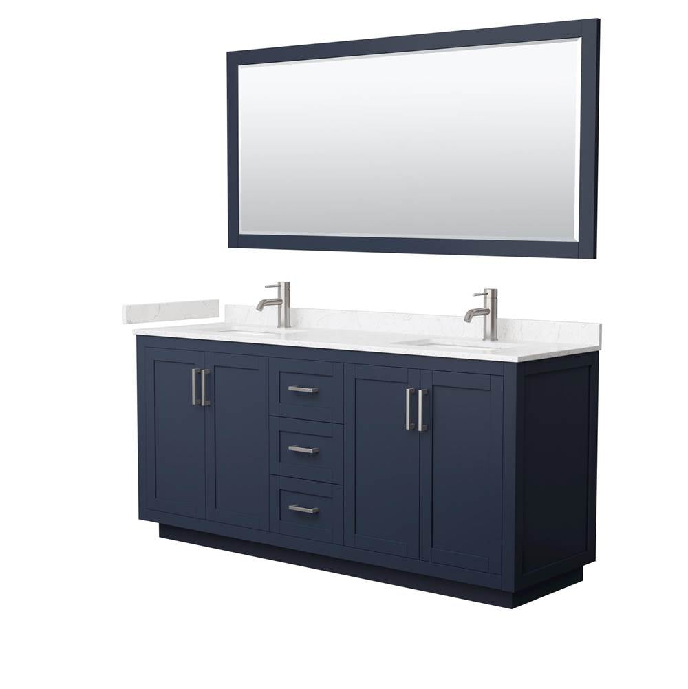Wyndham Collection - Miranda 72 Inch Double Bathroom Vanity in Dark Blue, Carrara Cultured Marble Countertop, Undermount Square Sinks, Brushed Nickel Trim, 70 Inch Mirror