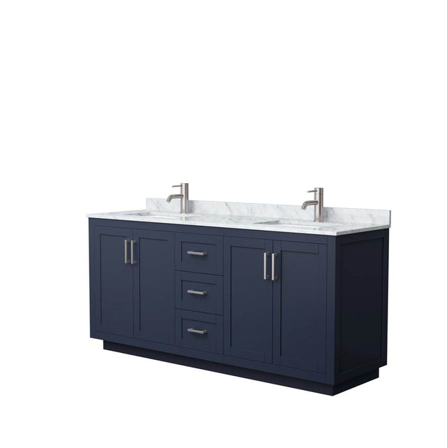Wyndham Collection - Miranda 72 Inch Double Bathroom Vanity in Dark Blue, White Carrara Marble Countertop, Undermount Square Sinks, Brushed Nickel Trim