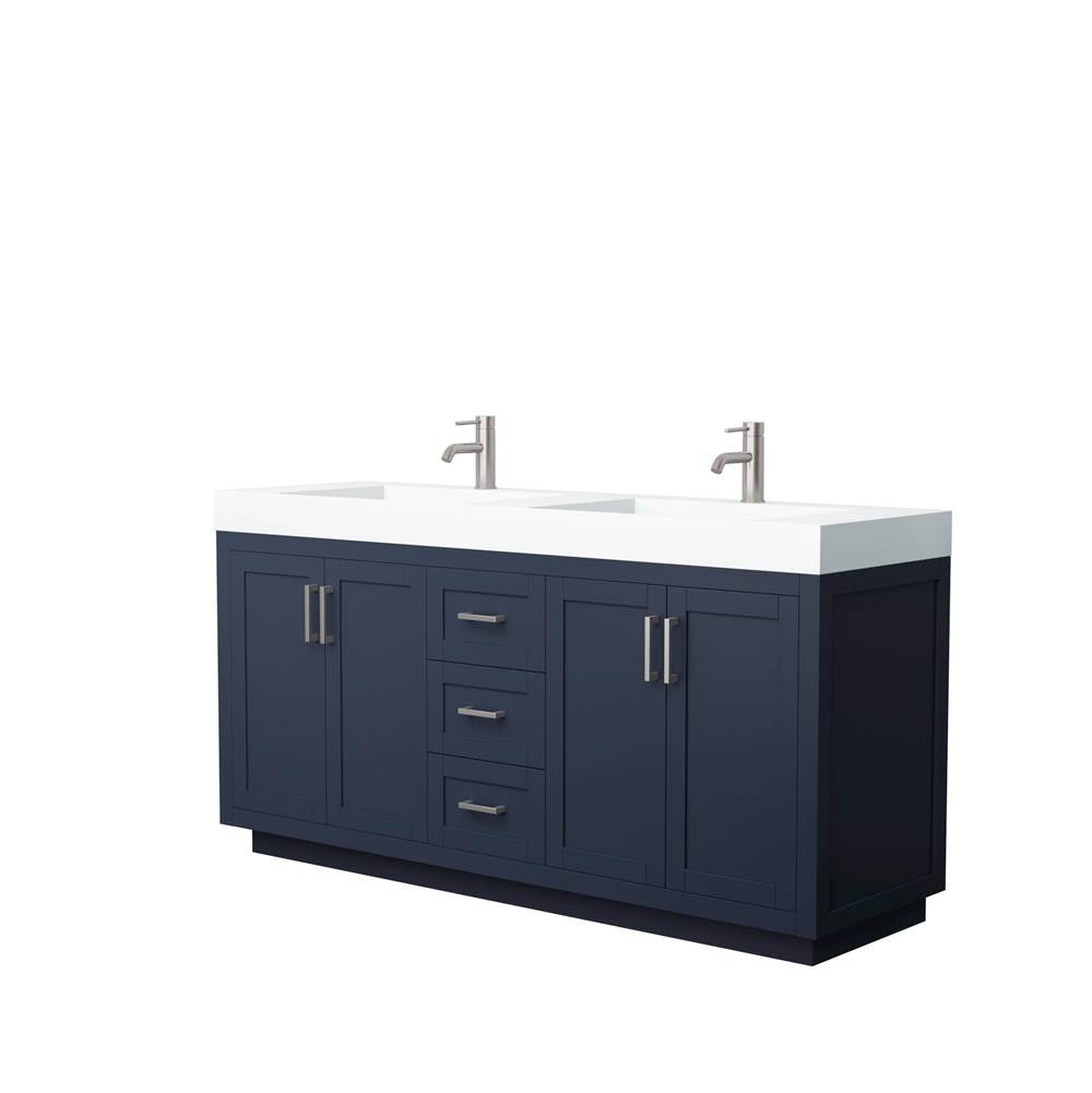 Wyndham Collection - Miranda 72 Inch Double Bathroom Vanity in Dark Blue, 4 Inch Thick Matte White Solid Surface Countertop, Integrated Sinks, Brushed Nickel Trim