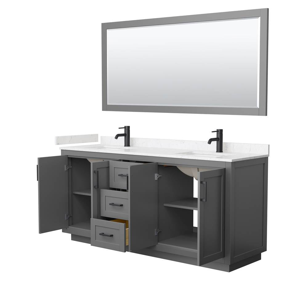 Miranda 72 Inch Double Bathroom Vanity in Dark Gray, Carrara Cultured Marble Countertop, Undermount Square Sinks, Matte Black Trim, 70 Inch Mirror