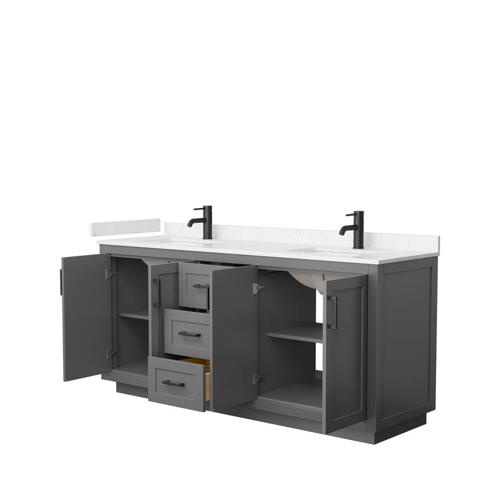 Miranda 72 Inch Double Bathroom Vanity in Dark Gray, Carrara Cultured Marble Countertop, Undermount Square Sinks, Matte Black Trim