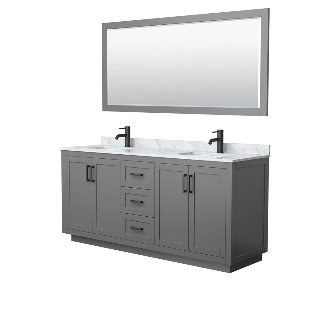 Wyndham Collection - Miranda 72 Inch Double Bathroom Vanity in Dark Gray, White Carrara Marble Countertop, Undermount Square Sinks, Matte Black Trim, 70 Inch Mirror