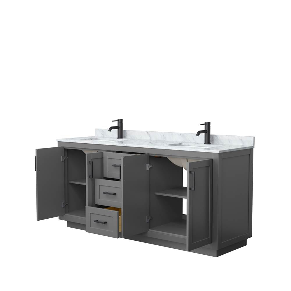 Miranda 72 Inch Double Bathroom Vanity in Dark Gray, White Carrara Marble Countertop, Undermount Square Sinks, Matte Black Trim