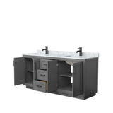 Miranda 72 Inch Double Bathroom Vanity in Dark Gray, White Carrara Marble Countertop, Undermount Square Sinks, Matte Black Trim