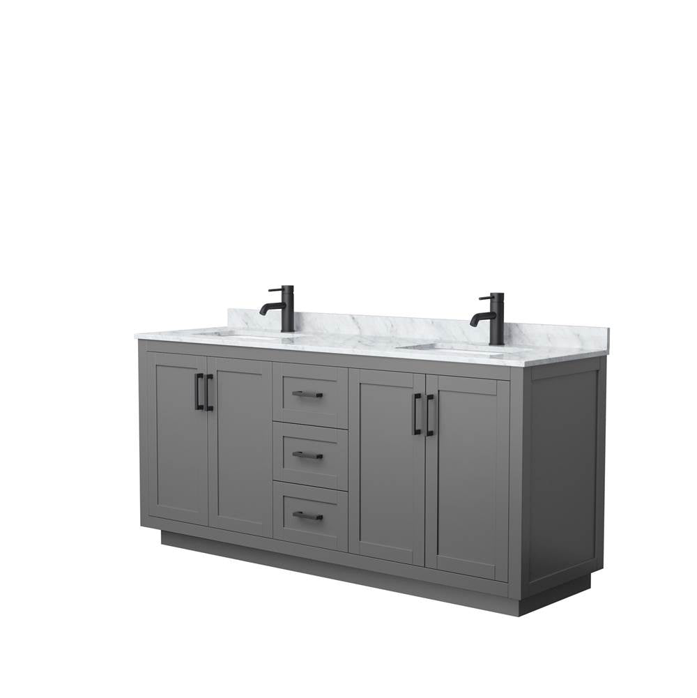 Wyndham Collection - Miranda 72 Inch Double Bathroom Vanity in Dark Gray, White Carrara Marble Countertop, Undermount Square Sinks, Matte Black Trim