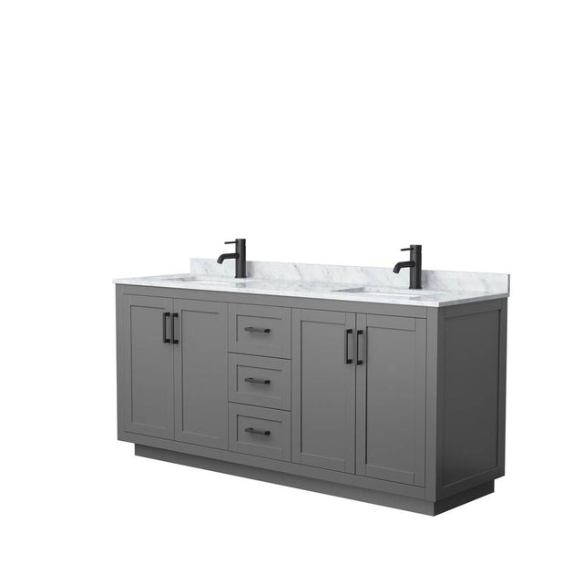 Wyndham Collection - Miranda 72 Inch Double Bathroom Vanity in Dark Gray, White Carrara Marble Countertop, Undermount Square Sinks, Matte Black Trim