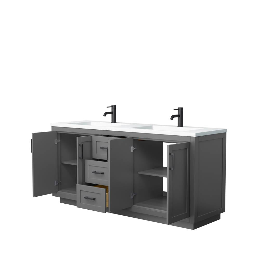 Miranda 72 Inch Double Bathroom Vanity in Dark Gray, 1.25 Inch Thick Matte White Solid Surface Countertop, Integrated Sinks, Matte Black Trim