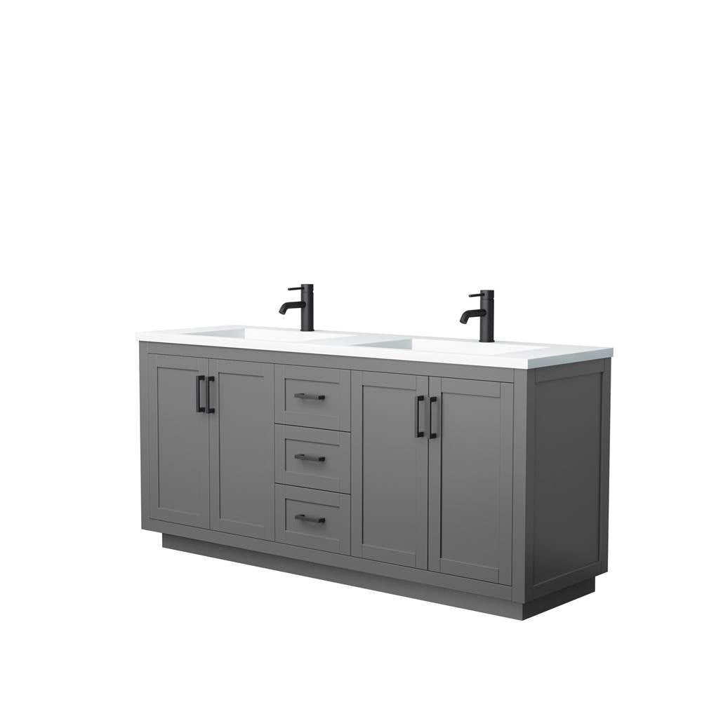 Wyndham Collection - Miranda 72 Inch Double Bathroom Vanity in Dark Gray, 1.25 Inch Thick Matte White Solid Surface Countertop, Integrated Sinks, Matte Black Trim