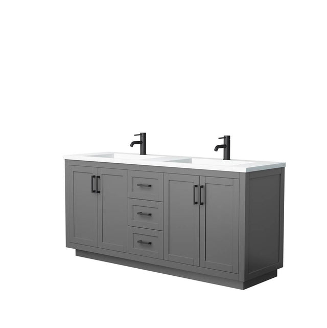 Wyndham Collection - Miranda 72 Inch Double Bathroom Vanity in Dark Gray, 1.25 Inch Thick Matte White Solid Surface Countertop, Integrated Sinks, Matte Black Trim