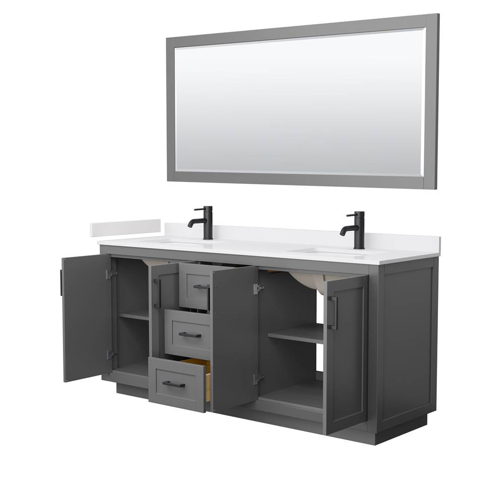 Miranda 72 Inch Double Bathroom Vanity in Dark Gray, White Cultured Marble Countertop, Undermount Square Sinks, Matte Black Trim, 70 Inch Mirror