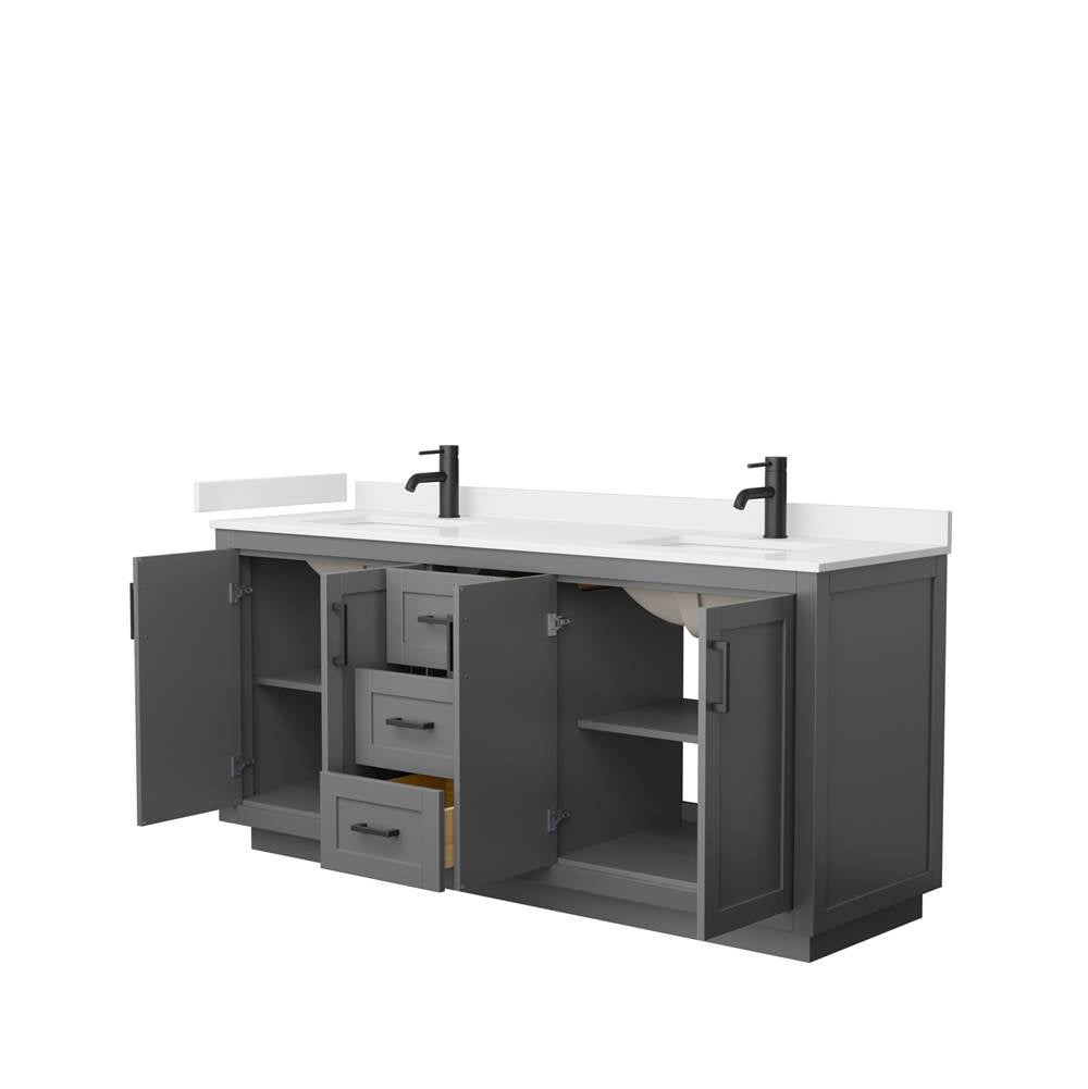 Miranda 72 Inch Double Bathroom Vanity in Dark Gray, White Cultured Marble Countertop, Undermount Square Sinks, Matte Black Trim
