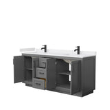 Miranda 72 Inch Double Bathroom Vanity in Dark Gray, White Cultured Marble Countertop, Undermount Square Sinks, Matte Black Trim