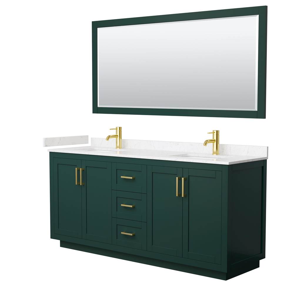Wyndham Collection - Miranda 72 Inch Double Bathroom Vanity in Green, Carrara Cultured Marble Countertop, Undermount Square Sinks, Brushed Gold Trim, 70 Inch Mirror
