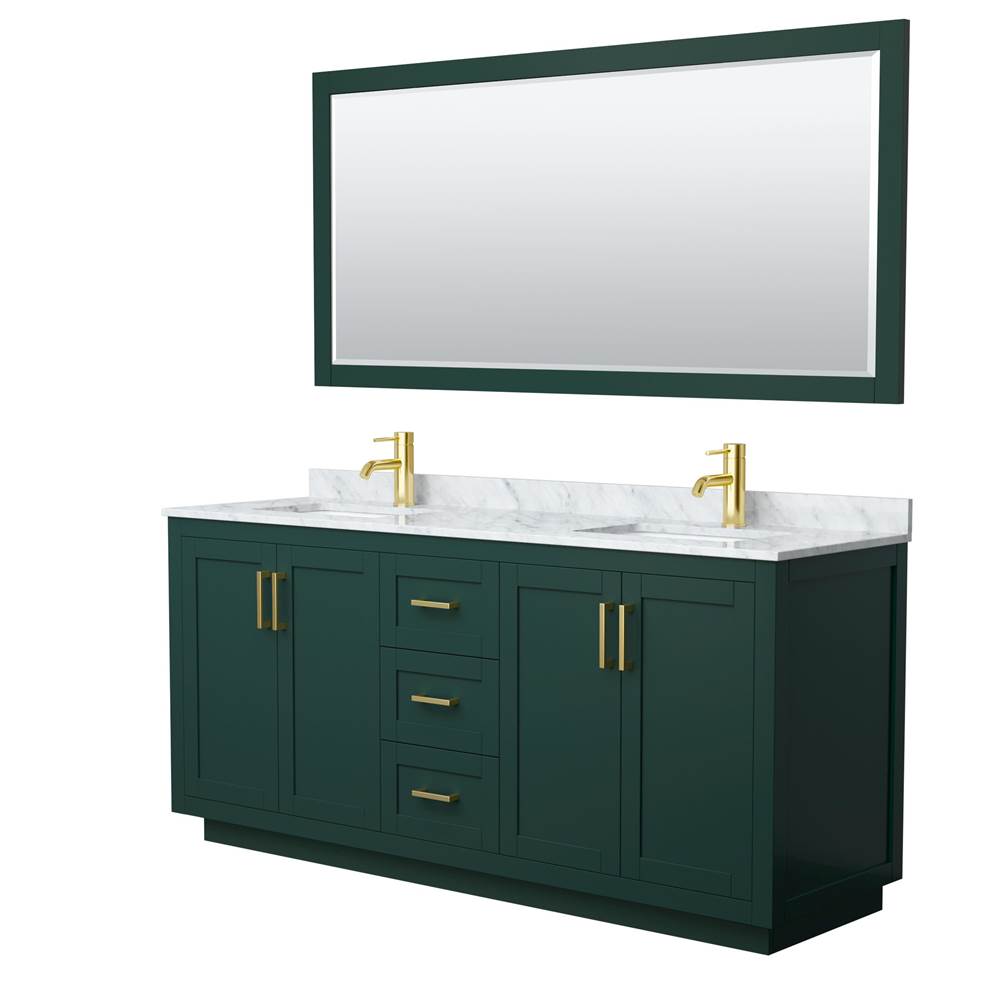 Wyndham Collection - Miranda 72 Inch Double Bathroom Vanity in Green, White Carrara Marble Countertop, Undermount Square Sinks, Brushed Gold Trim, 70 Inch Mirror