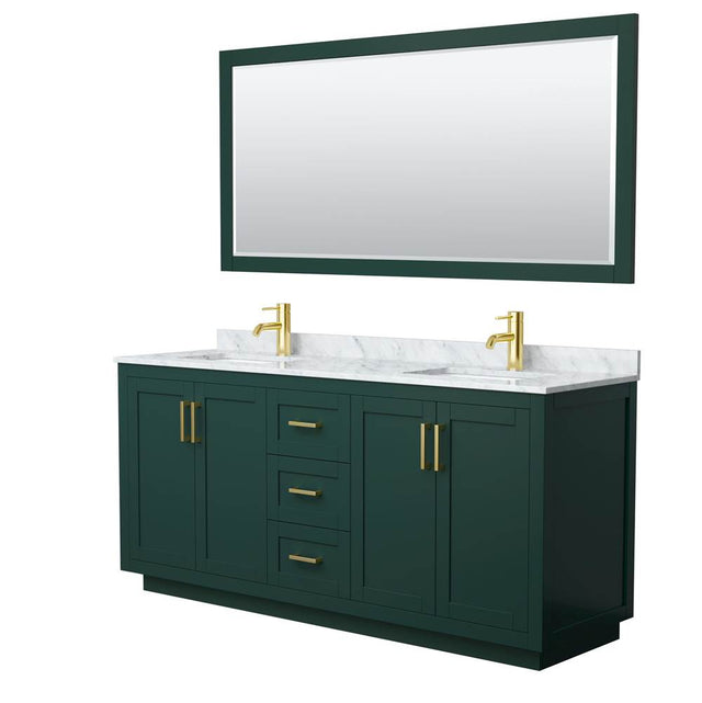 Wyndham Collection - Miranda 72 Inch Double Bathroom Vanity in Green, White Carrara Marble Countertop, Undermount Square Sinks, Brushed Gold Trim, 70 Inch Mirror