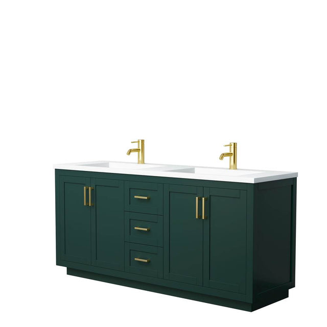 Wyndham Collection - Miranda 72 Inch Double Bathroom Vanity in Green, 1.25 Inch Thick Matte White Solid Surface Countertop, Integrated Sinks, Brushed Gold Trim