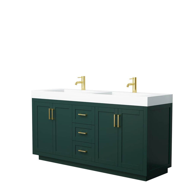 Wyndham Collection - Miranda 72 Inch Double Bathroom Vanity in Green, 4 Inch Thick Matte White Solid Surface Countertop, Integrated Sinks, Brushed Gold Trim