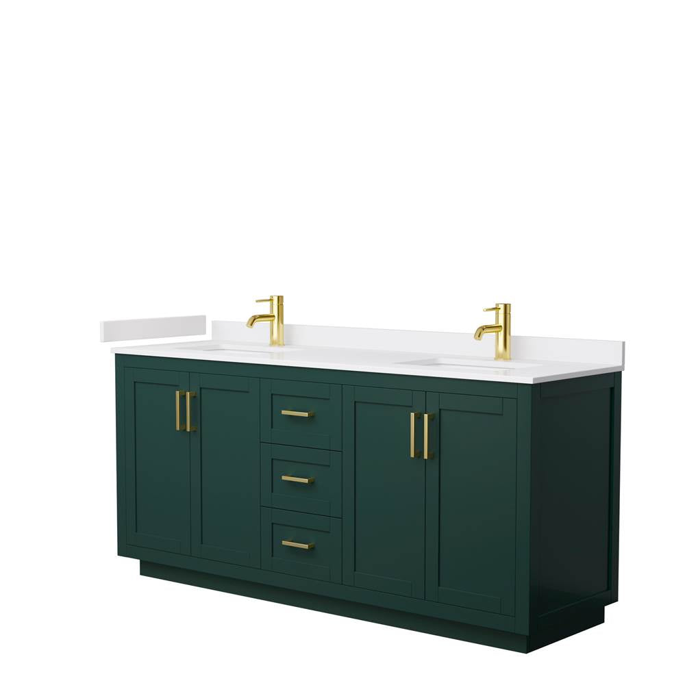Wyndham Collection - Miranda 72 Inch Double Bathroom Vanity in Green, White Cultured Marble Countertop, Undermount Square Sinks, Brushed Gold Trim