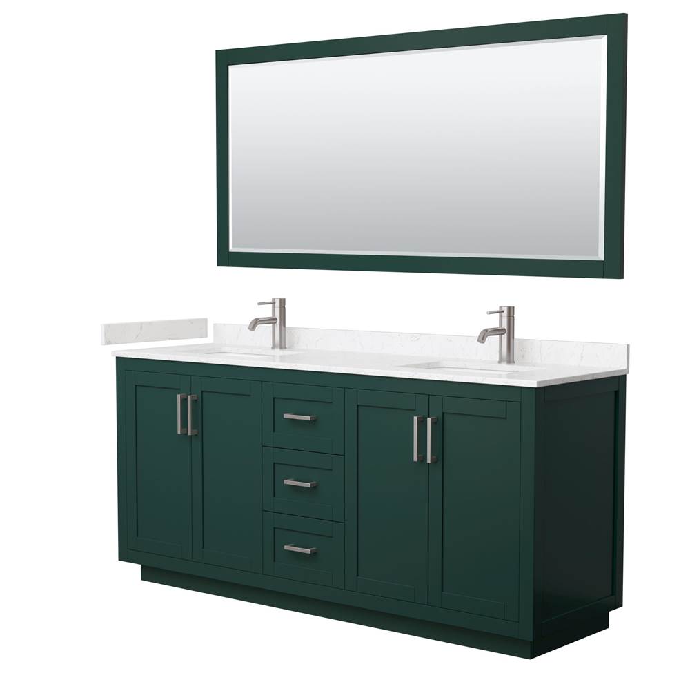 Wyndham Collection - Miranda 72 Inch Double Bathroom Vanity in Green, Carrara Cultured Marble Countertop, Undermount Square Sinks, Brushed Nickel Trim, 70 Inch Mirror