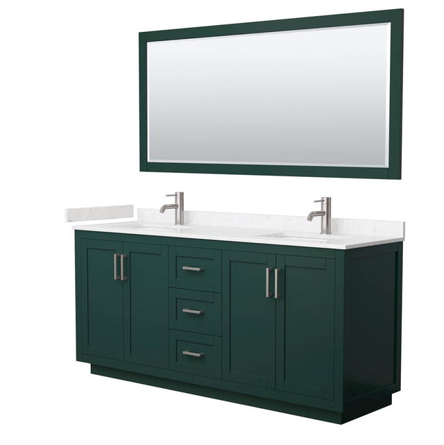 Wyndham Collection - Miranda 72 Inch Double Bathroom Vanity in Green, Carrara Cultured Marble Countertop, Undermount Square Sinks, Brushed Nickel Trim, 70 Inch Mirror