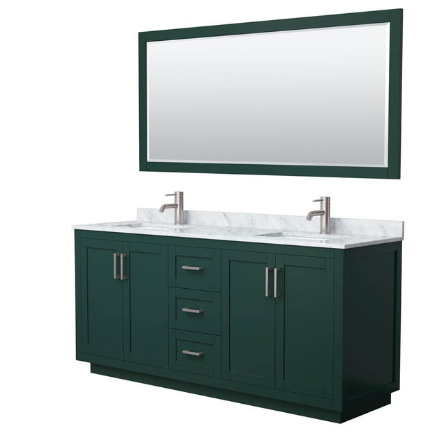 Wyndham Collection - Miranda 72 Inch Double Bathroom Vanity in Green, White Carrara Marble Countertop, Undermount Square Sinks, Brushed Nickel Trim, 70 Inch Mirror