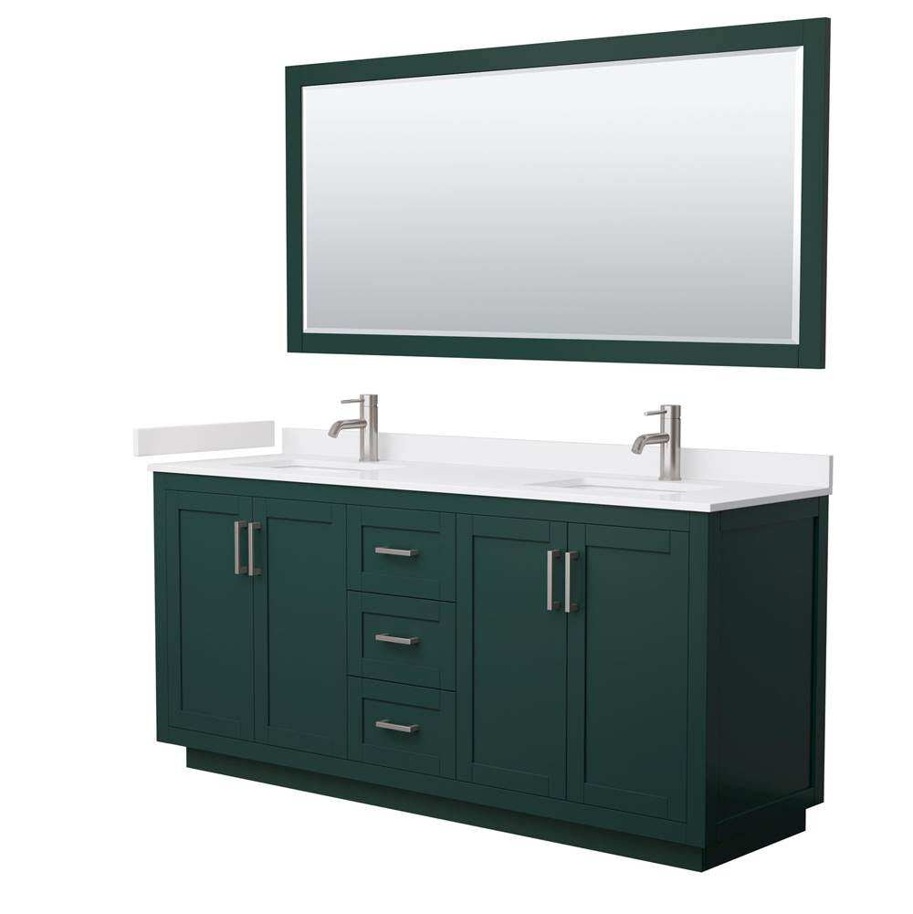 Wyndham Collection - Miranda 72 Inch Double Bathroom Vanity in Green, White Cultured Marble Countertop, Undermount Square Sinks, Brushed Nickel Trim, 70 Inch Mirror