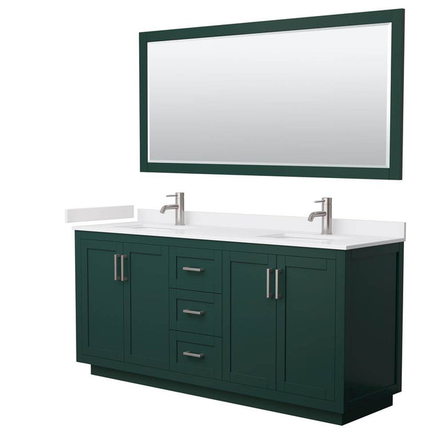 Wyndham Collection - Miranda 72 Inch Double Bathroom Vanity in Green, White Cultured Marble Countertop, Undermount Square Sinks, Brushed Nickel Trim, 70 Inch Mirror