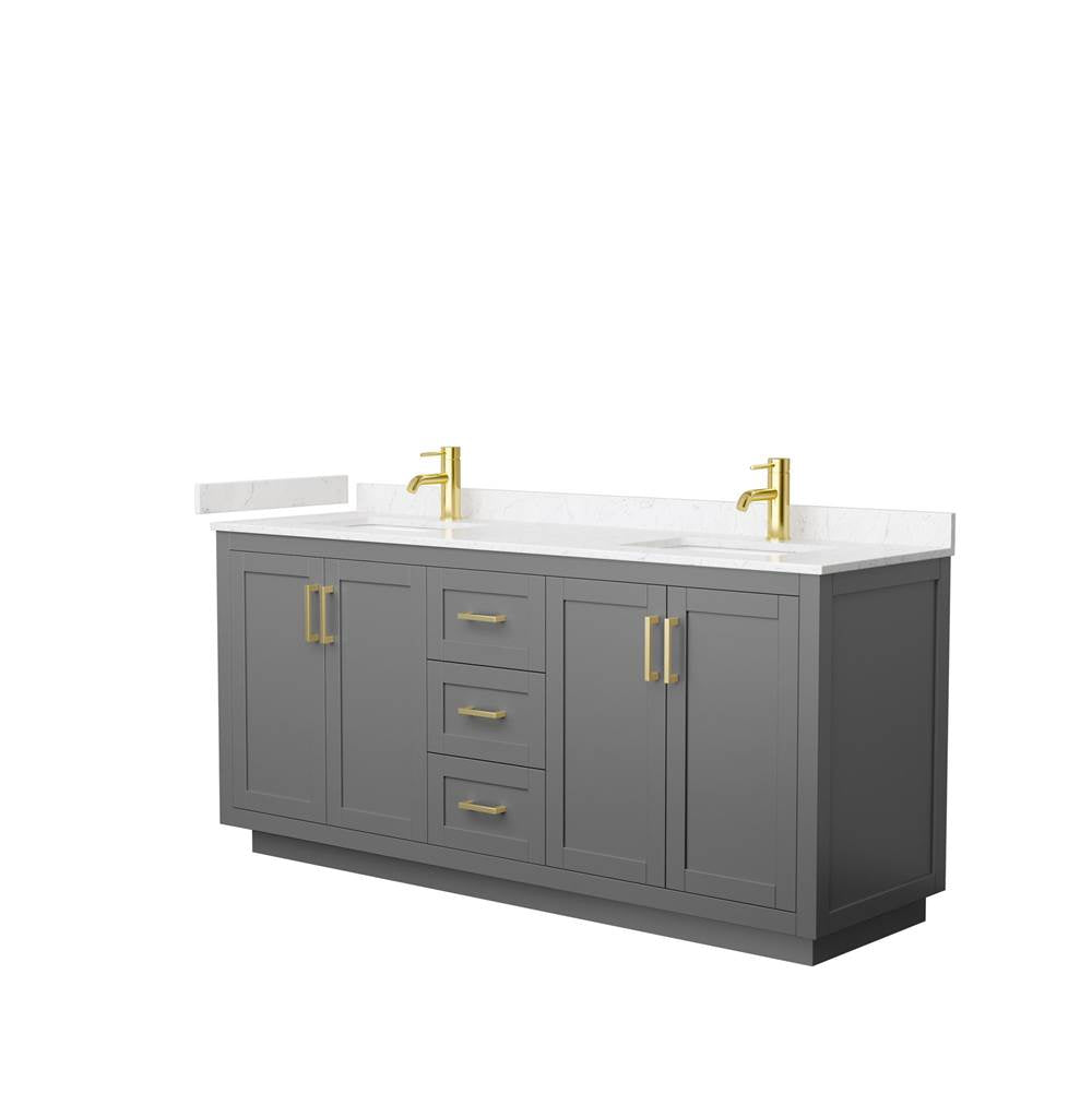 Wyndham Collection - Miranda 72 Inch Double Bathroom Vanity in Dark Gray, Carrara Cultured Marble Countertop, Undermount Square Sinks, Brushed Gold Trim
