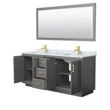 Miranda 72 Inch Double Bathroom Vanity in Dark Gray, White Carrara Marble Countertop, Undermount Square Sinks, Brushed Gold Trim, 70 Inch Mirror